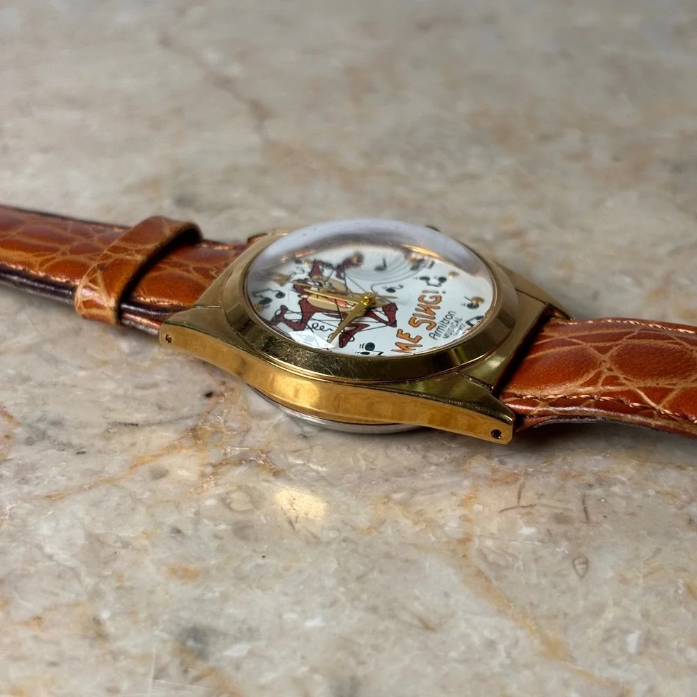 Armitron Looney Tunes Taz Musical Watch Gold Brown Leather Vintage 90s OS